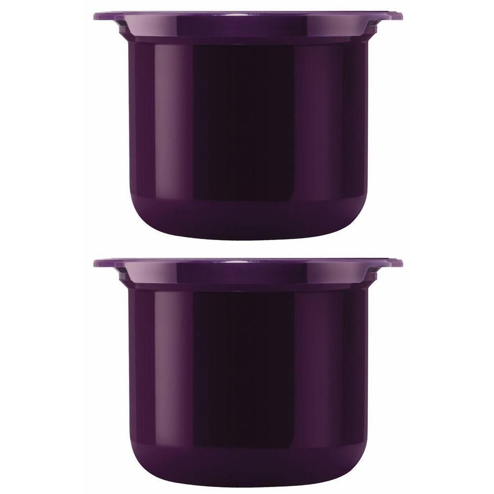 Deux pots ronds, violets foncés, avec un large bord. Les pots sont placés côte à côte.