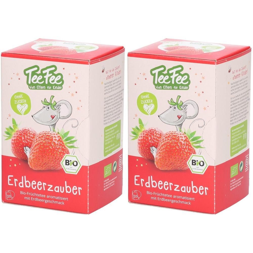 Zwei Kartons TeeFee Erdbeerzauber. Aufdruck: Erdbeeren, Maus, Bio-Siegel. Text: Ohne Zucker. Bio-Früchtetee aromatisiert mit Erdbeergeschmack.
