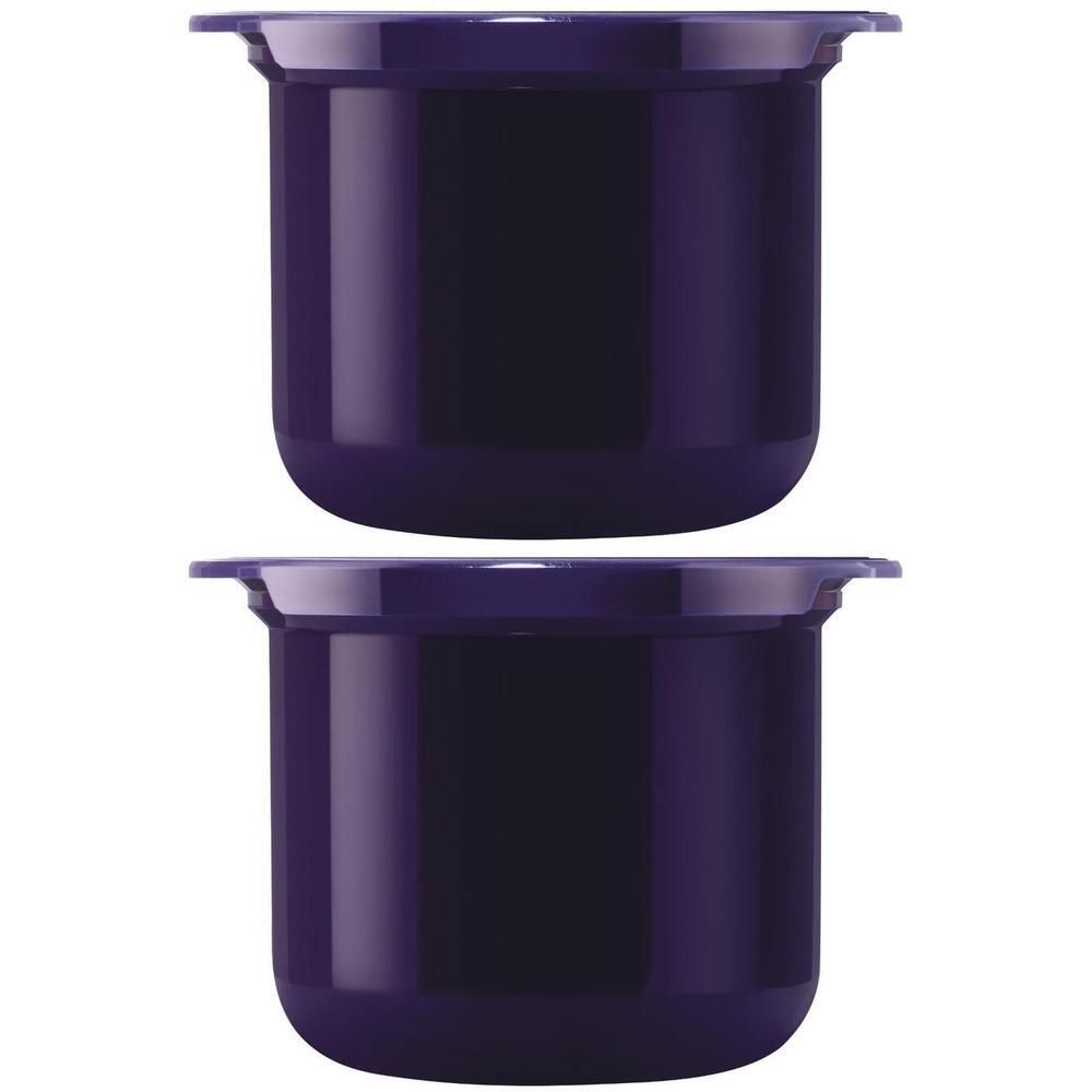 Zwei violette Tiegel mit Deckel. Zylindrische Form, leicht konisch. Deckel mit umlaufendem Rand. Glänzende Oberfläche.