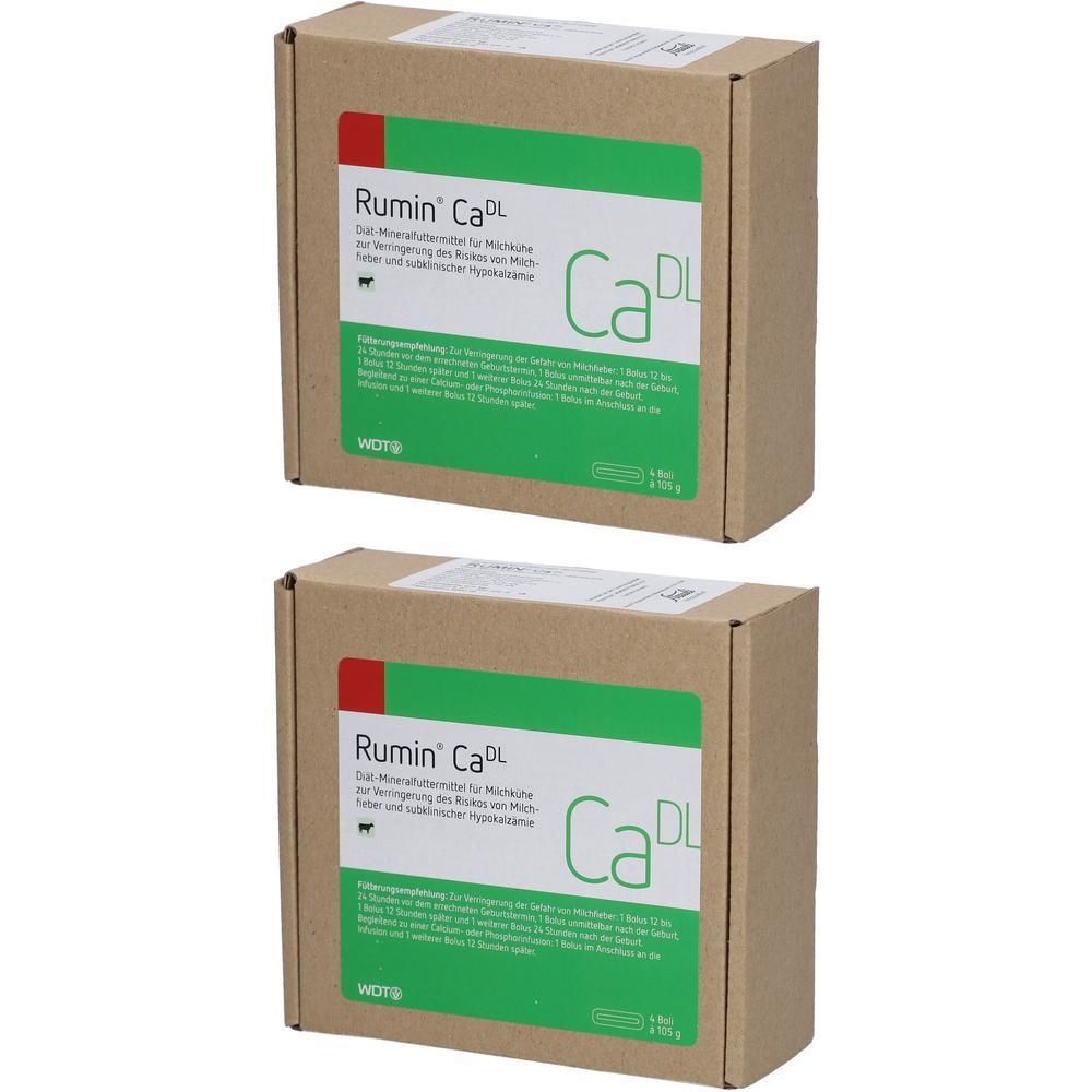 Zwei Kartons mit Produktaufdruck. Aufdruck: Rumin CaDL, CaDL, grüne und rote Elemente. Braune Verpackung.
