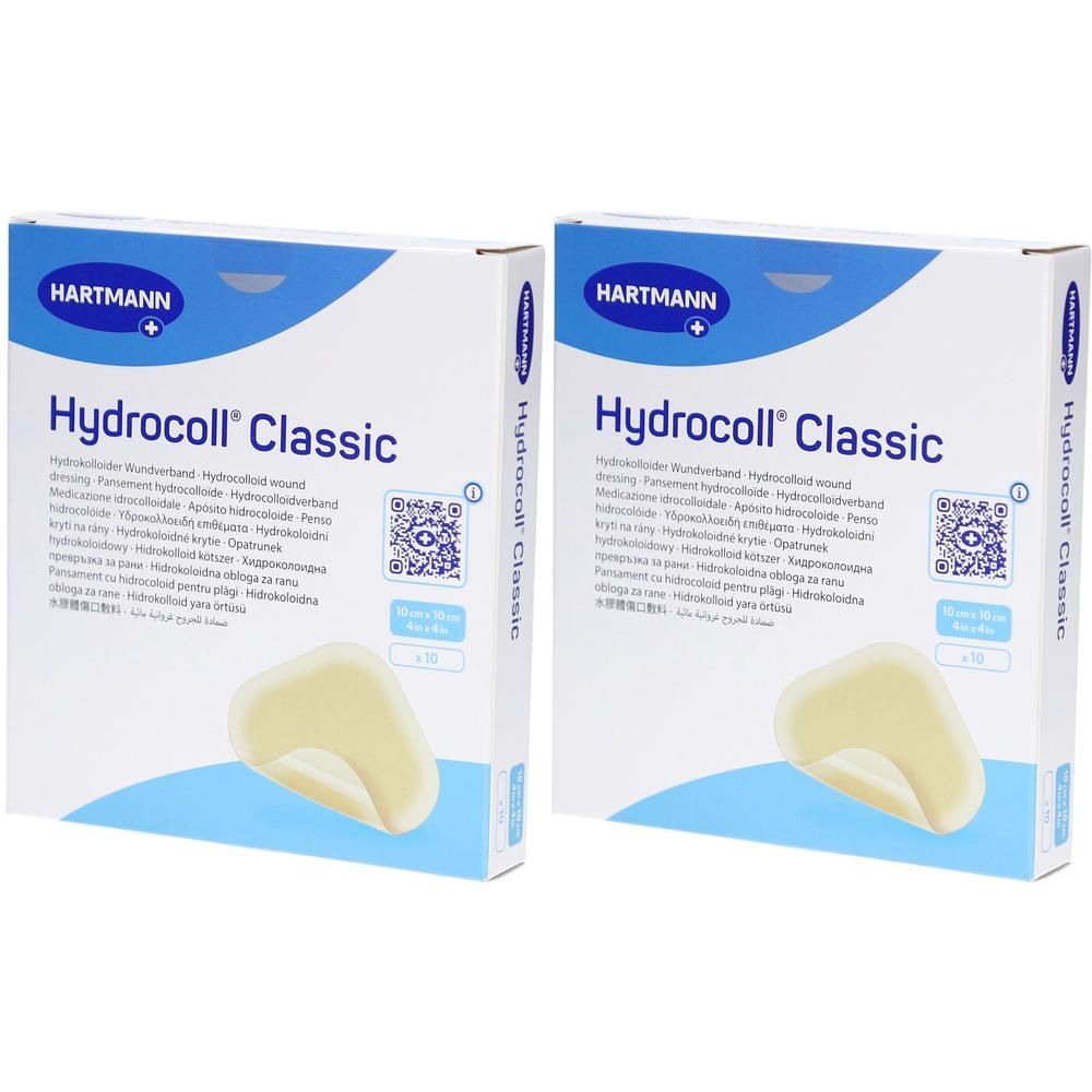 Deux boîtes de HYDROCOLL Classic. Inscription: HARTMANN, Hydrocoll Classic, pansement. Un pansement est montré. Emballage avec code QR.