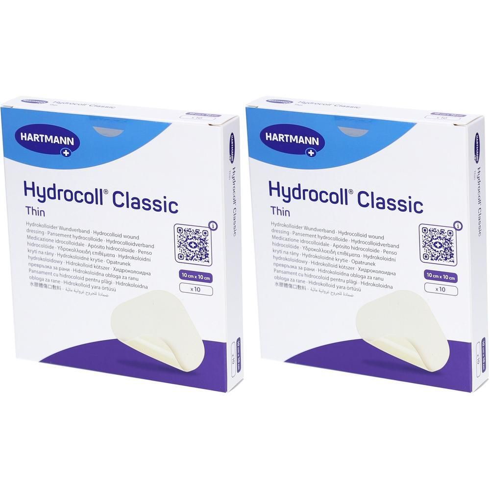 Deux boîtes HYDROCOLL Classic Thin. Inscription: HARTMANN, Hydrocoll Classic Thin, 10x20cm, 10 pièces. Compresse blanche visible.