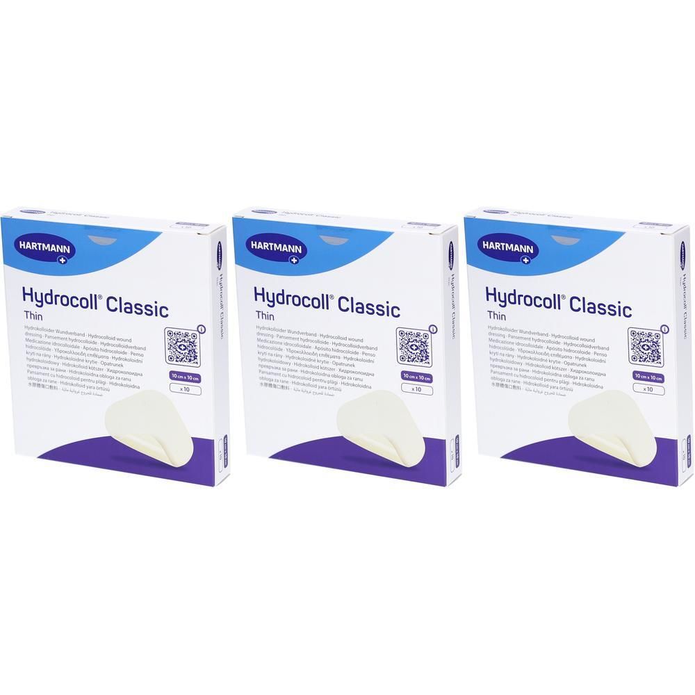 Trois boîtes de produit. Inscription: Hydrocoll Classic Thin. Marque: HARTMANN. Pansements blancs sur fond violet.