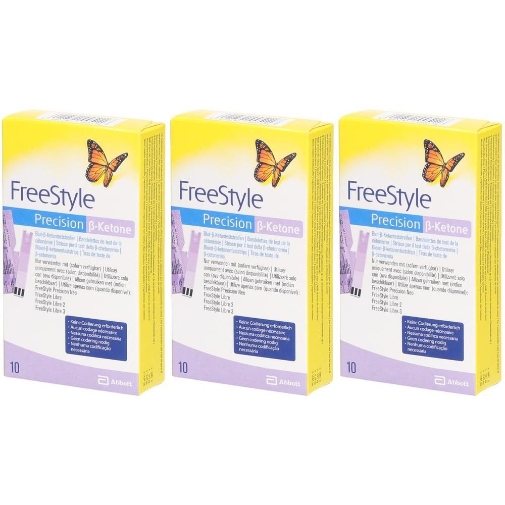 Drei Schachteln Freestyle Precision β-Ketone. Gelbe Oberseite mit Schmetterling. Blaue und lila Schrift. Unten steht "10" und "Abbott".