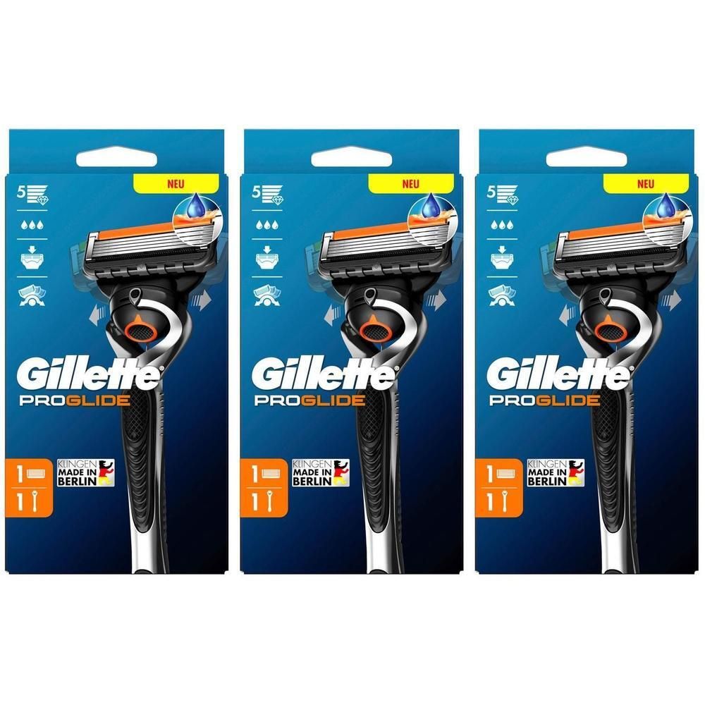 Drei Packungen Gillette ProGlide Rasierer. Schwarzer Griff, orangefarbene Klingen. Verpackung mit Produktnamen und "NEU".