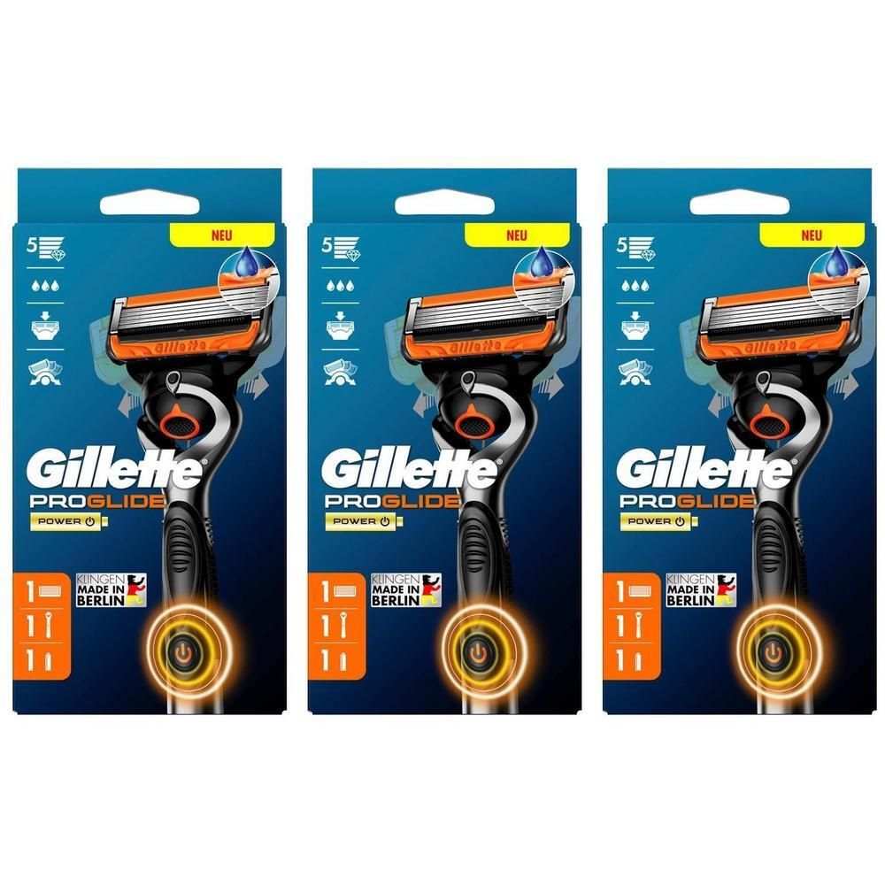 Trois paquets de rasoirs. Chaque paquet montre un rasoir avec une tête de lame orange et un manche noir. Marque : Gillette ProGlide.
