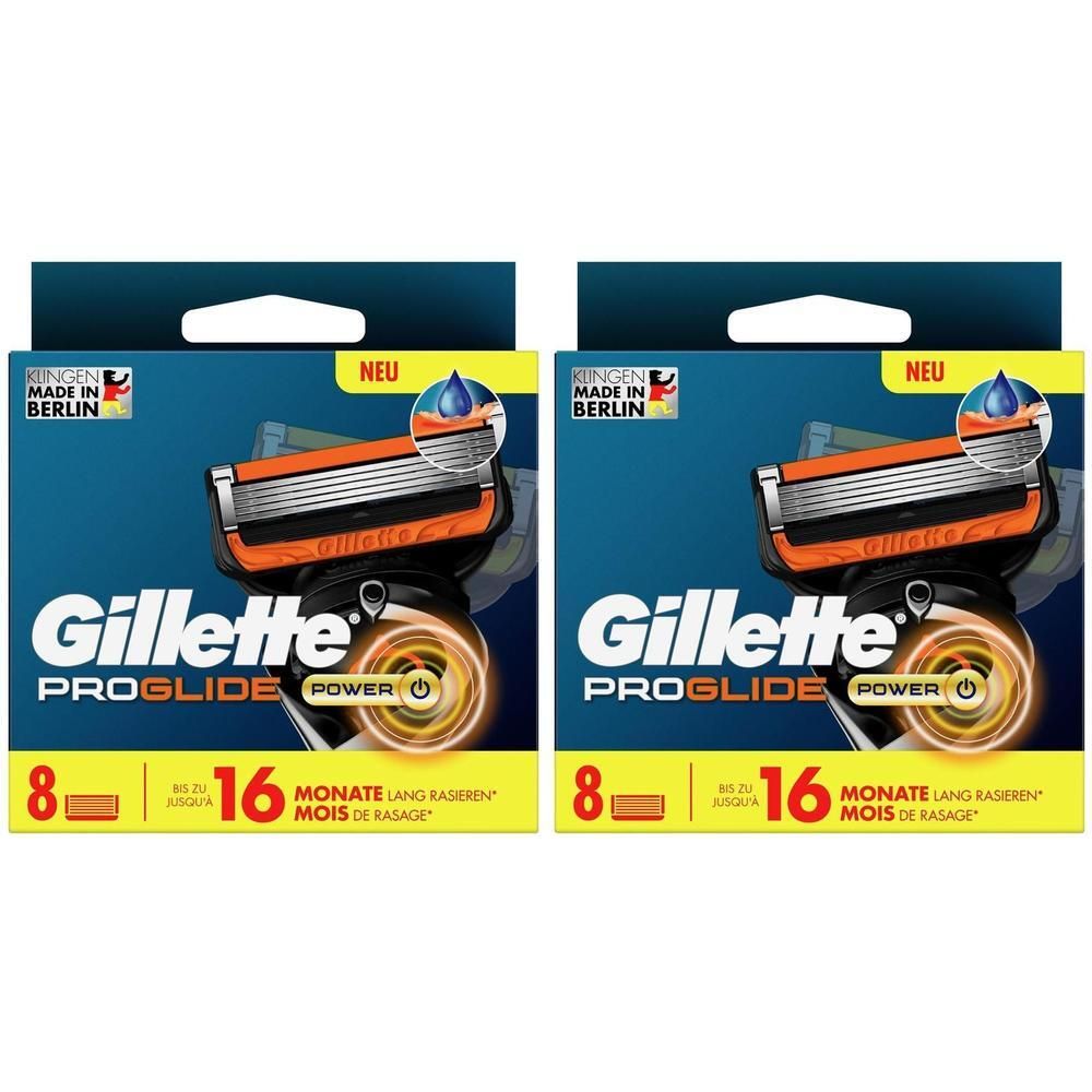 Zwei Packungen Gillette ProGlide Power Rasierklingen. Jede Packung enthält 8 Klingen. Aufschrift: 16 Monate Rasieren. "Neu"-Label.