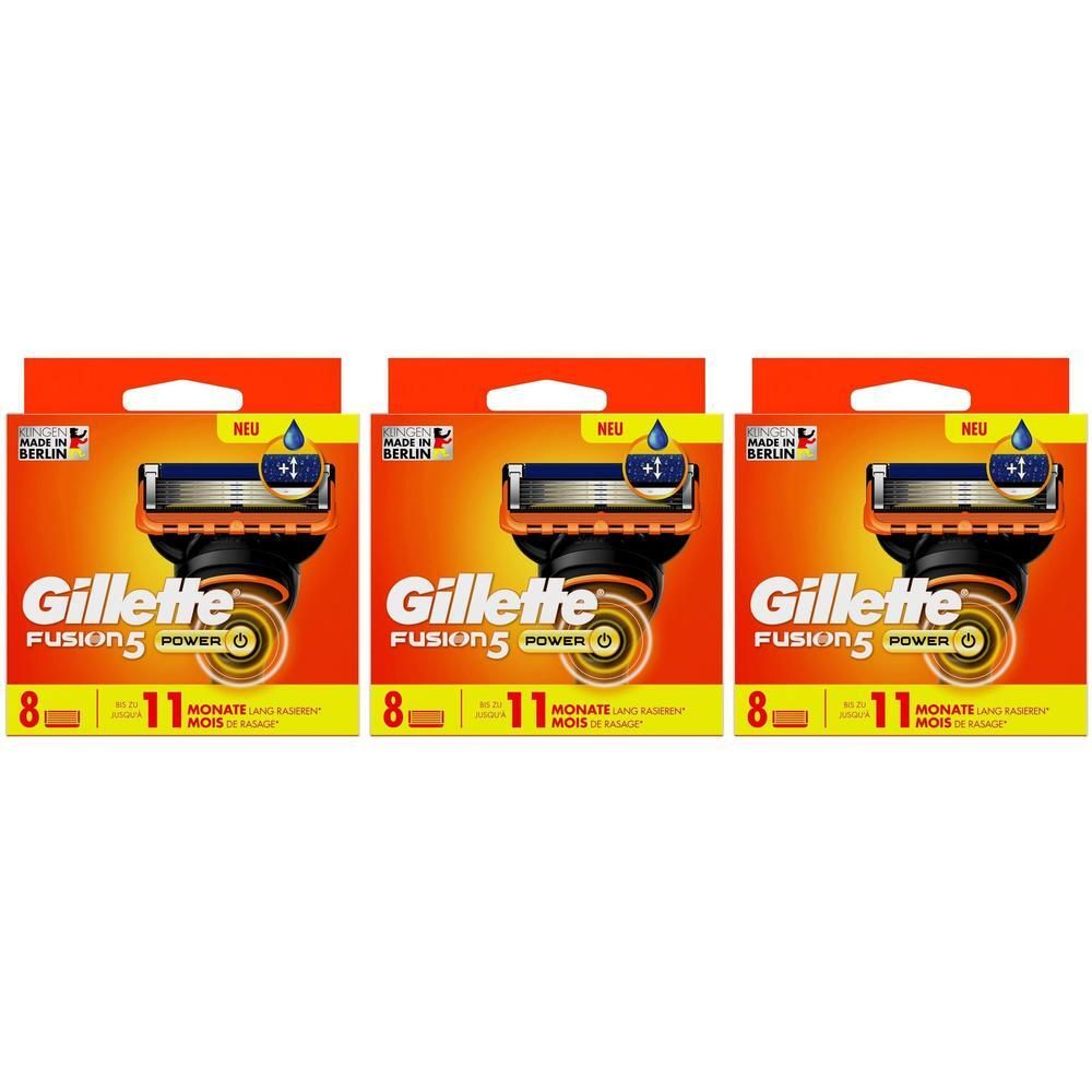 Trois boîtes de lames de rasoir. Chaque boîte affiche la marque Gillette Fusion5 Power, 8 lames et une durée de 11 mois.