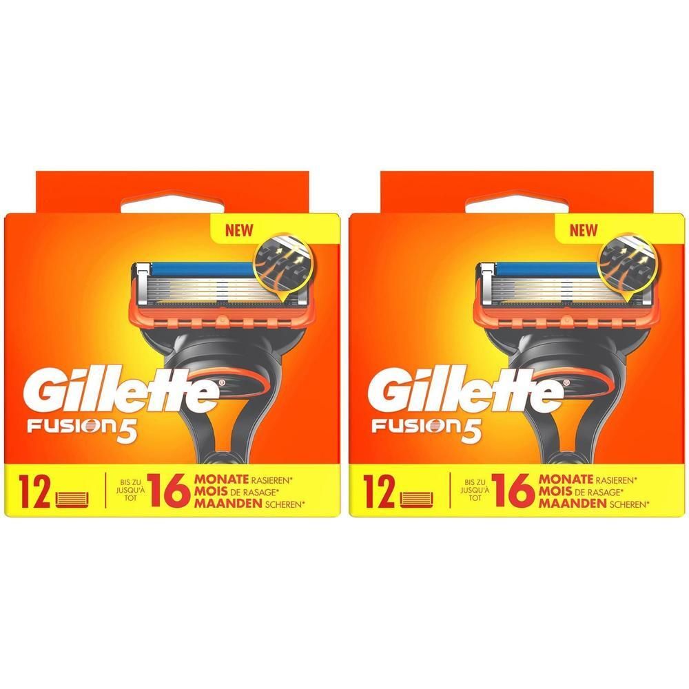 Deux boîtes de lames de rasoir Gillette Fusion5. Emballage orange avec nom du produit et nombre de lames.