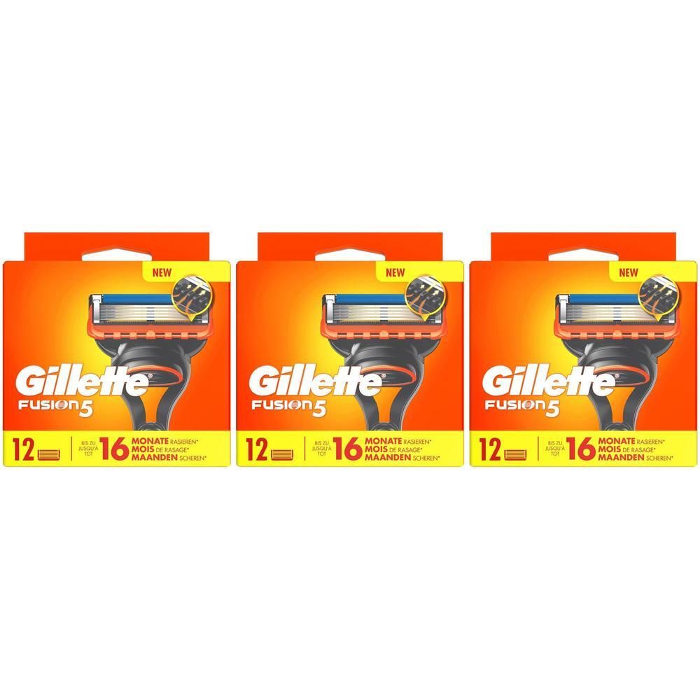 Trois boîtes de lames de rasoir. Chaque boîte affiche le logo Gillette Fusion5, 12 lames et 16 mois. Emballage orange-jaune.