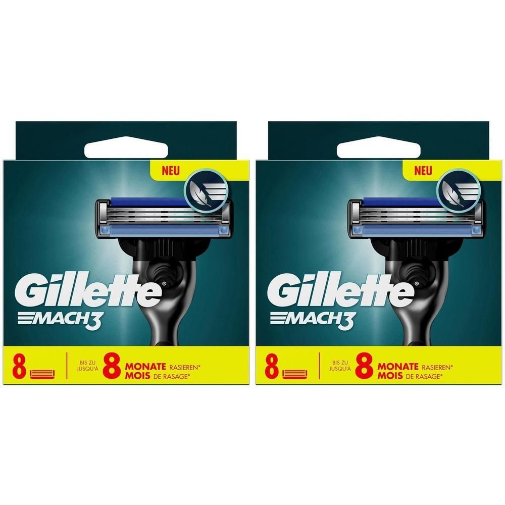 Deux boîtes de lames de rasoir Gillette Mach3. Chaque boîte montre un rasoir et l'inscription "8". Inscription "NEUVE".
