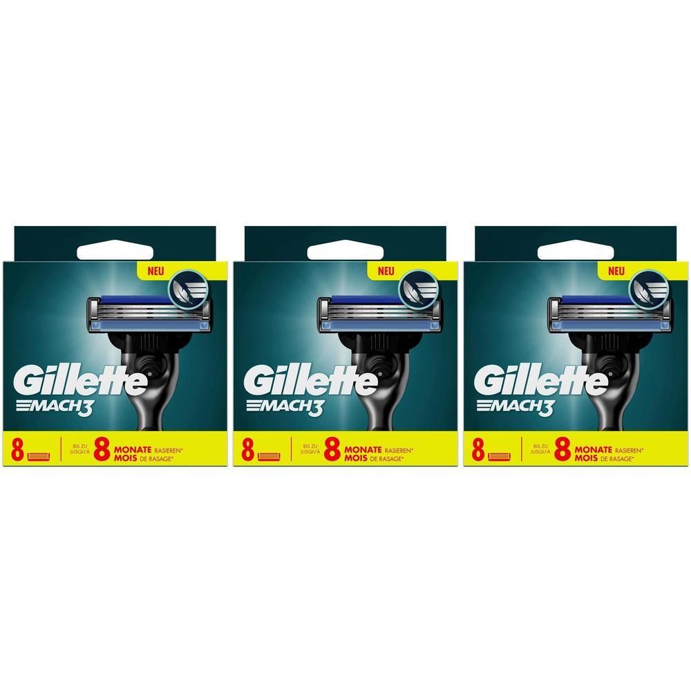 Trois boîtes de lames de rasoir Gillette Mach3. Chaque boîte montre un rasoir et contient 8 lames. Inscription : 8 mois.