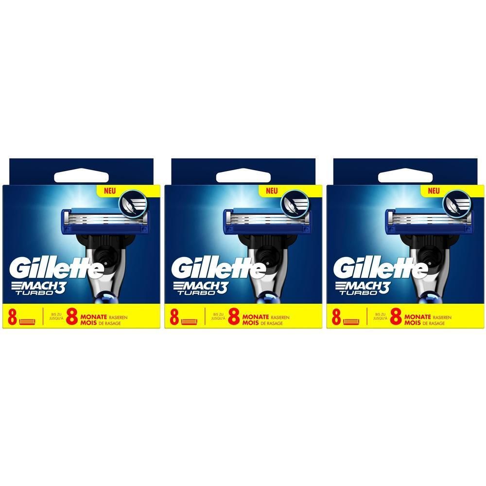 Trois boîtes de lames de rasoir Gillette Mach3 Turbo. Chaque boîte contient 8 lames. Emballage bleu et jaune avec le nom du produit.