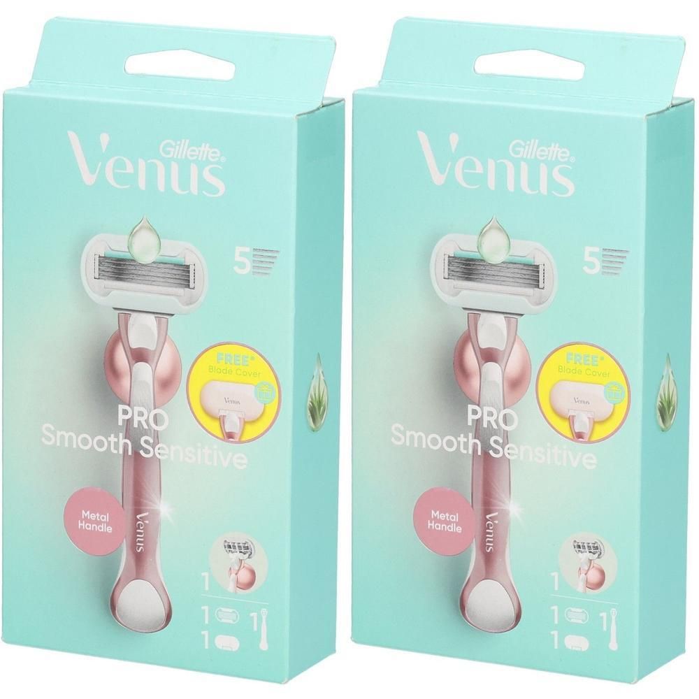 Deux boîtes de rasoirs. Inscription: Venus, Gillette, PRO Smooth Sensitive. Manche en métal. 5 lames.