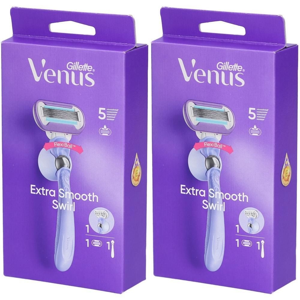 Zwei Rasierer in lila Verpackung. Aufschrift: Venus, Extra Smooth Swirl. 5 Klingen. FlexiBall-Technologie.