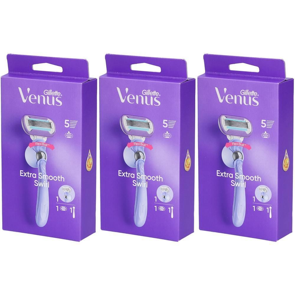 Drei Packungen Rasierer. Lila Verpackung mit Produktname Venus und Rasierer-Abbildung. Extra Smooth Swirl.