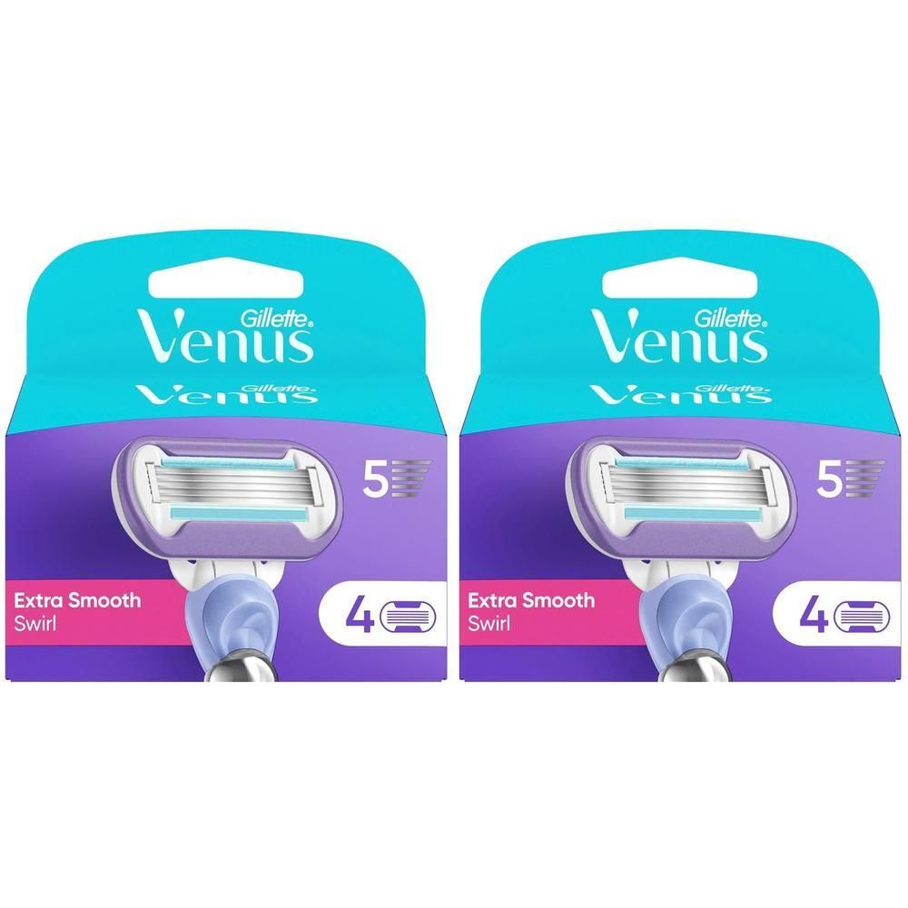 Zwei Packungen Rasierer. Jede Packung zeigt einen Rasierer mit 5 Klingen und 4 Ersatzklingen. Marke: Gillette Venus.