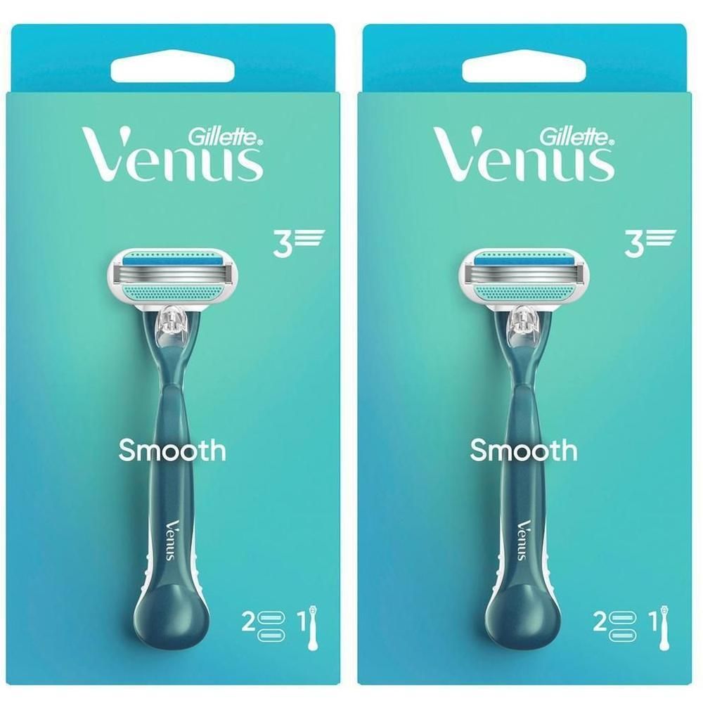 Deux rasoirs Gillette Venus dans un emballage. Poignées turquoise, lames à trois lames. Inscription Smooth.