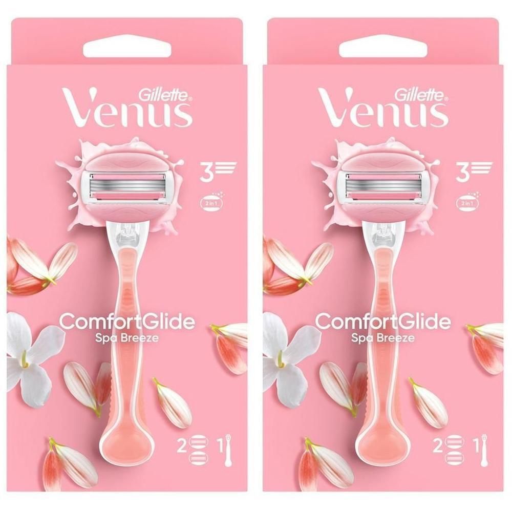 Deux paquets de rasoirs. Emballage rose avec image de rasoir. Marque : Gillette Venus ComfortGlide Spa Breeze.