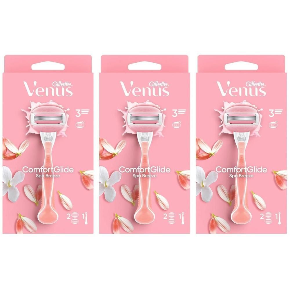 Trois rasoirs dans un emballage rose. Inscription: Venus, ComfortGlide Spa Breeze. 3 lames. Manche et tête roses.