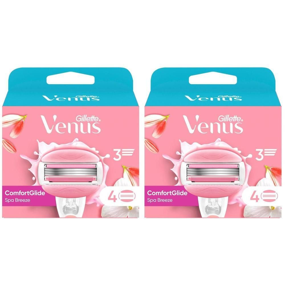Deux paquets de lames de rasoir. Emballage rose avec image du produit et texte "Venus Gillette". Contient 4 lames.