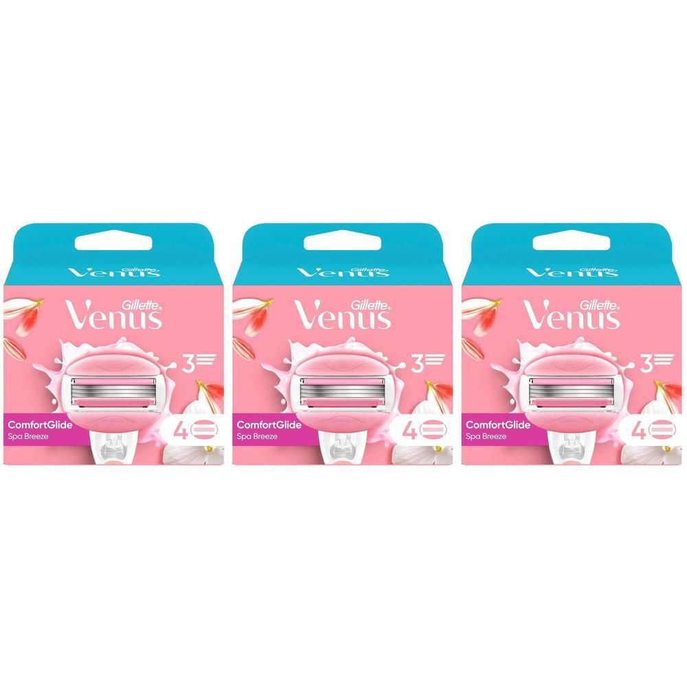 Trois paquets de lames de rasoir. Chaque paquet montre une lame de rasoir avec un manche rose et un emballage bleu. Marque : Venus, ComfortGlide Spa Breeze.