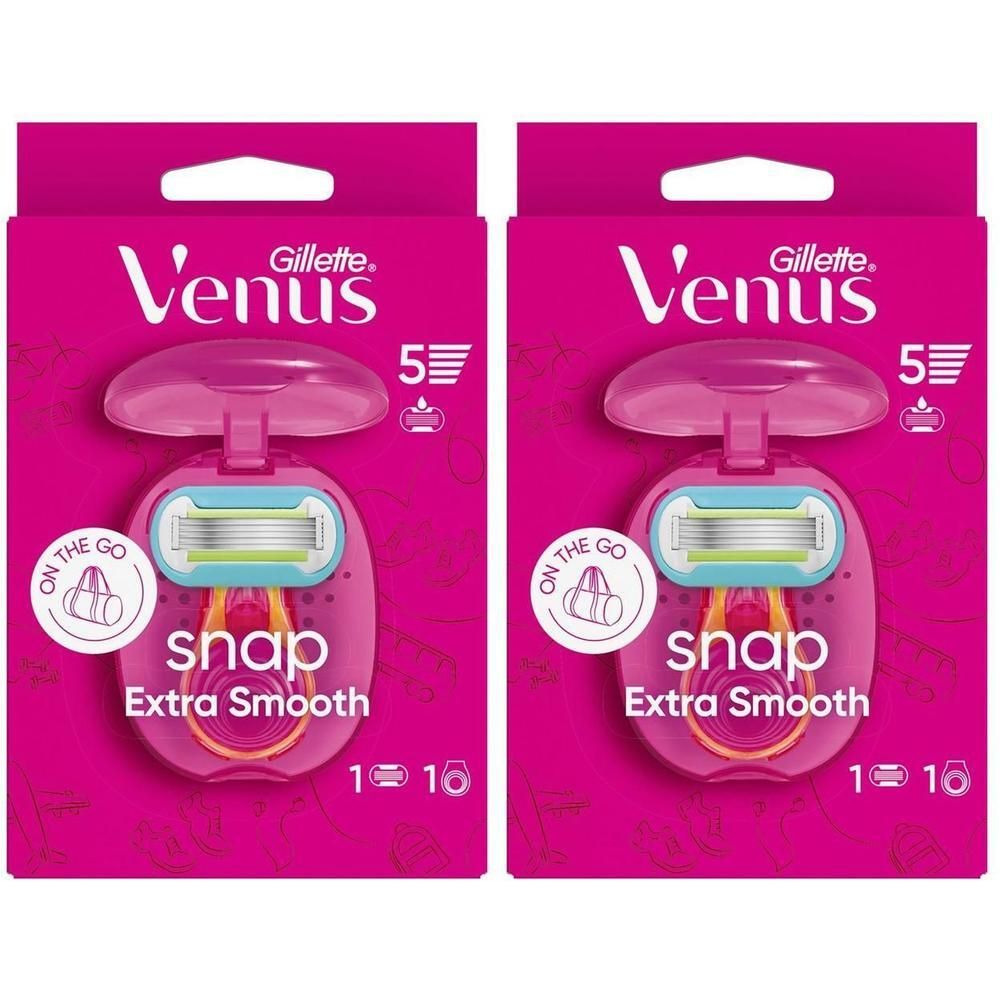 Deux paquets de rasoirs. Chaque paquet montre un rasoir rose avec l'inscription "snap Extra Smooth". Marque : Venus.
