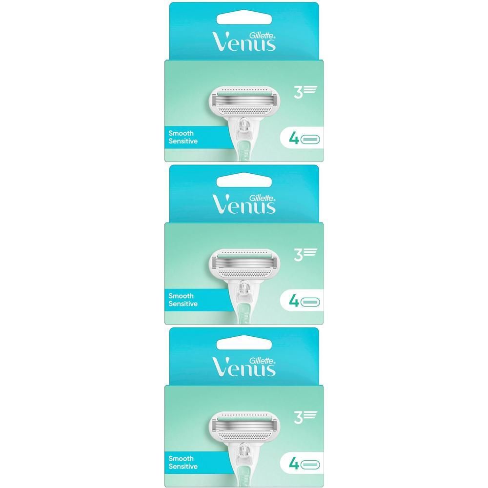 Packung mit Rasierklingen. Marke: Gillette Venus. Enthält 4 Klingen. Text: Smooth Sensitive. Grün-weißes Design.