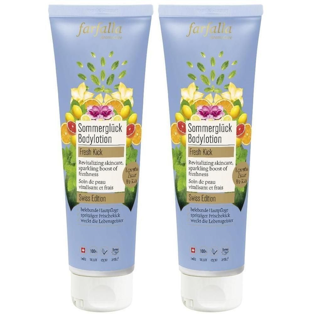 Zwei Tuben FARFALLA Bodylotion Sommerglück. Hellblaue Tuben mit floralem Design und Produktbezeichnungen in mehreren Sprachen.