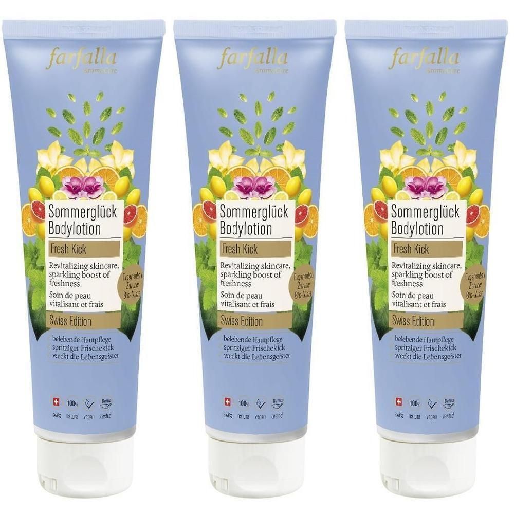Drei Tuben FARFALLA Bodylotion Sommerglück. Hellblaue Tuben mit floralem Design und Produktbezeichnungen. Swiss Edition.