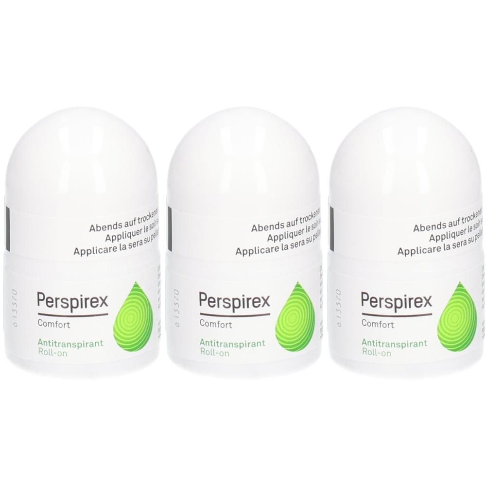 Trois déodorants roll-on blancs. Inscription: Perspirex Comfort, Antitranspirant Roll-on. Symbole de goutte verte. Texte en allemand, français et roumain.
