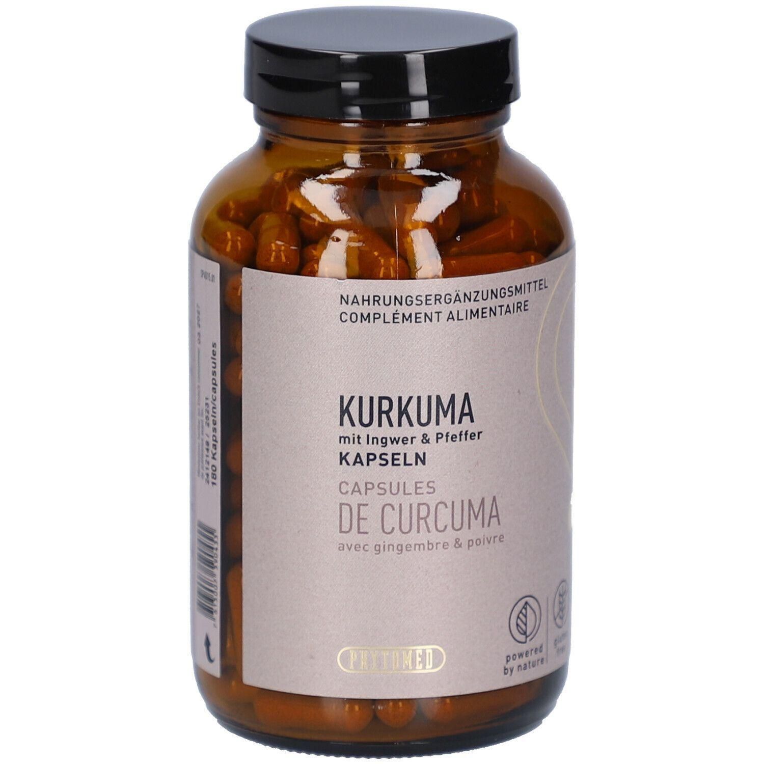 Flacon en verre brun avec bouchon noir. Contient des gélules. Inscription : Kurkuma avec gingembre & poivre Kapseln. Complément alimentaire.
