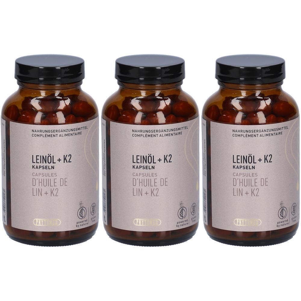 Trois flacons en verre brun avec des couvercles noirs. Les étiquettes indiquent "LEINÖL + K2 Kapseln" en allemand et en français. Complément alimentaire.