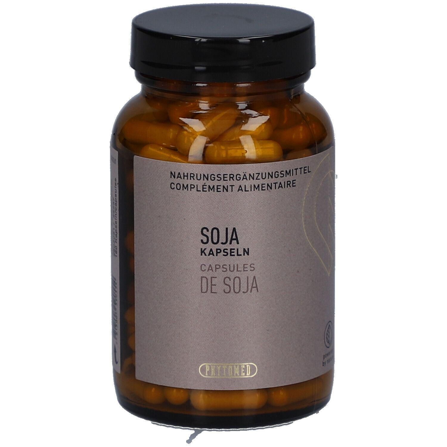 Braune Glasflasche mit schwarzen Deckel. Enthält Kapseln. Aufschrift: Soja Kapseln, Nahrungsergänzungsmittel.