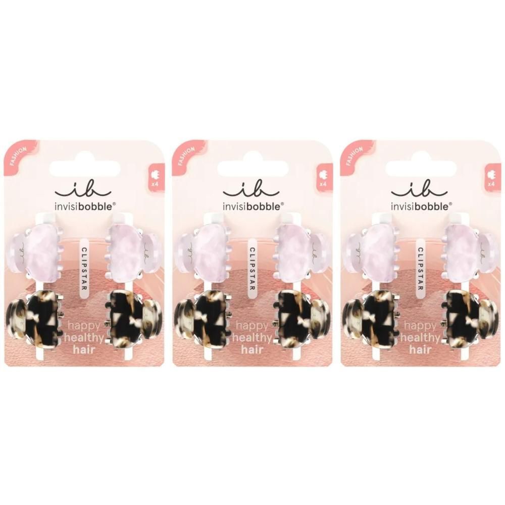 Drei Invisibobble Clipstar Haarklammern in Petit Four Design, je 2 Stück pro Packung.