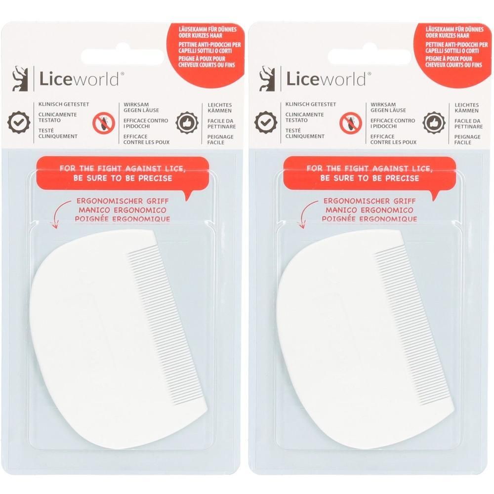 Zwei weiße Läusekämme in Blisterverpackung. Aufschrift: Ergonomischer Griff. Marke: Liceworld. Klinisch getestet.