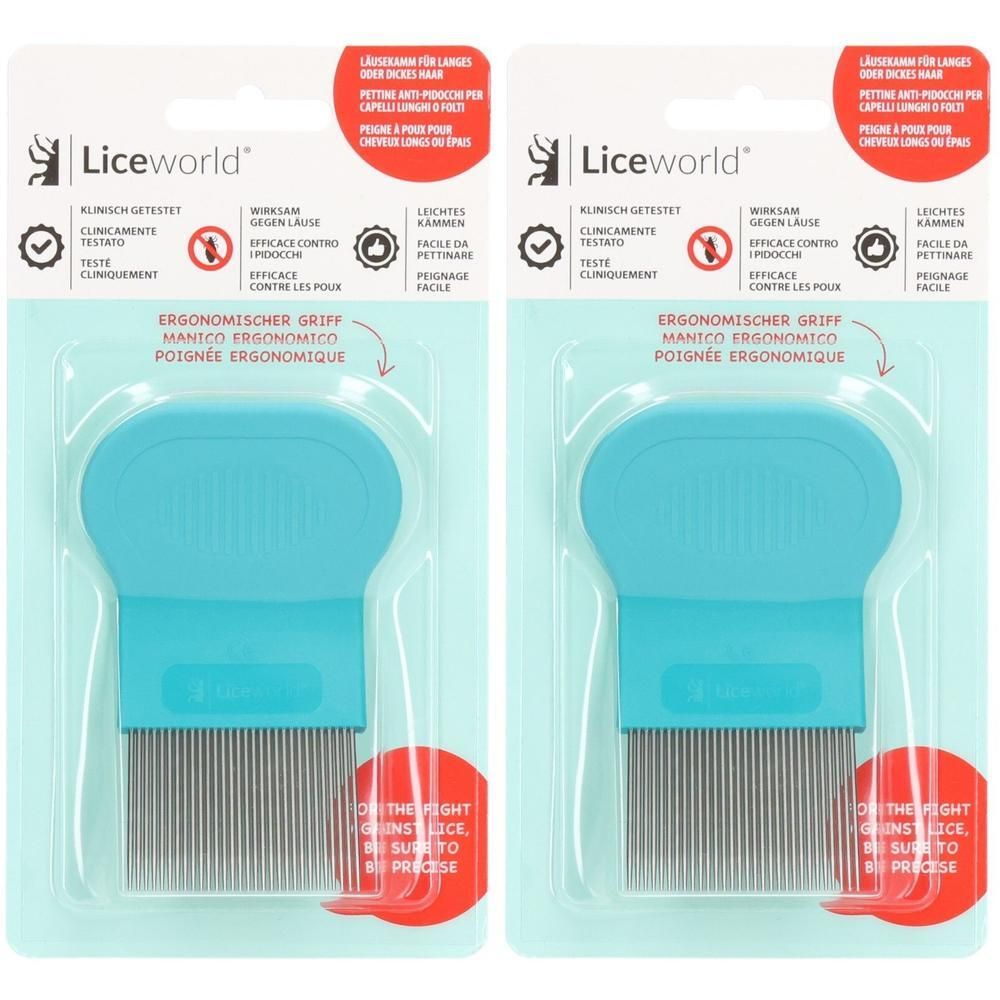 Zwei Kopflausdetektoren in Blisterverpackung. Türkisgriff, Metallzinken. Marke: Liceworld. Ergonomischer Griff.