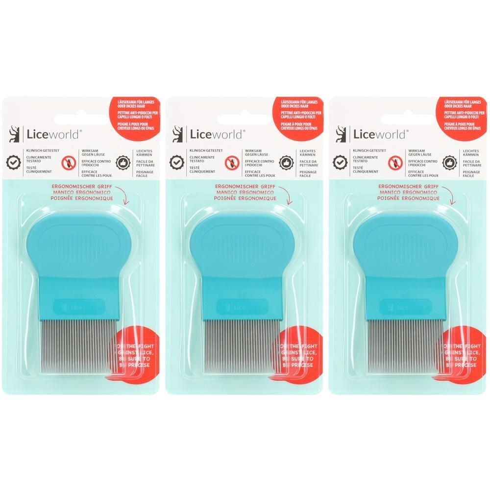 Drei Packungen Läusekämme. Jeder Kamm hat einen blauen Griff und feine Metallzinken. Verpackt in Blisterverpackung.