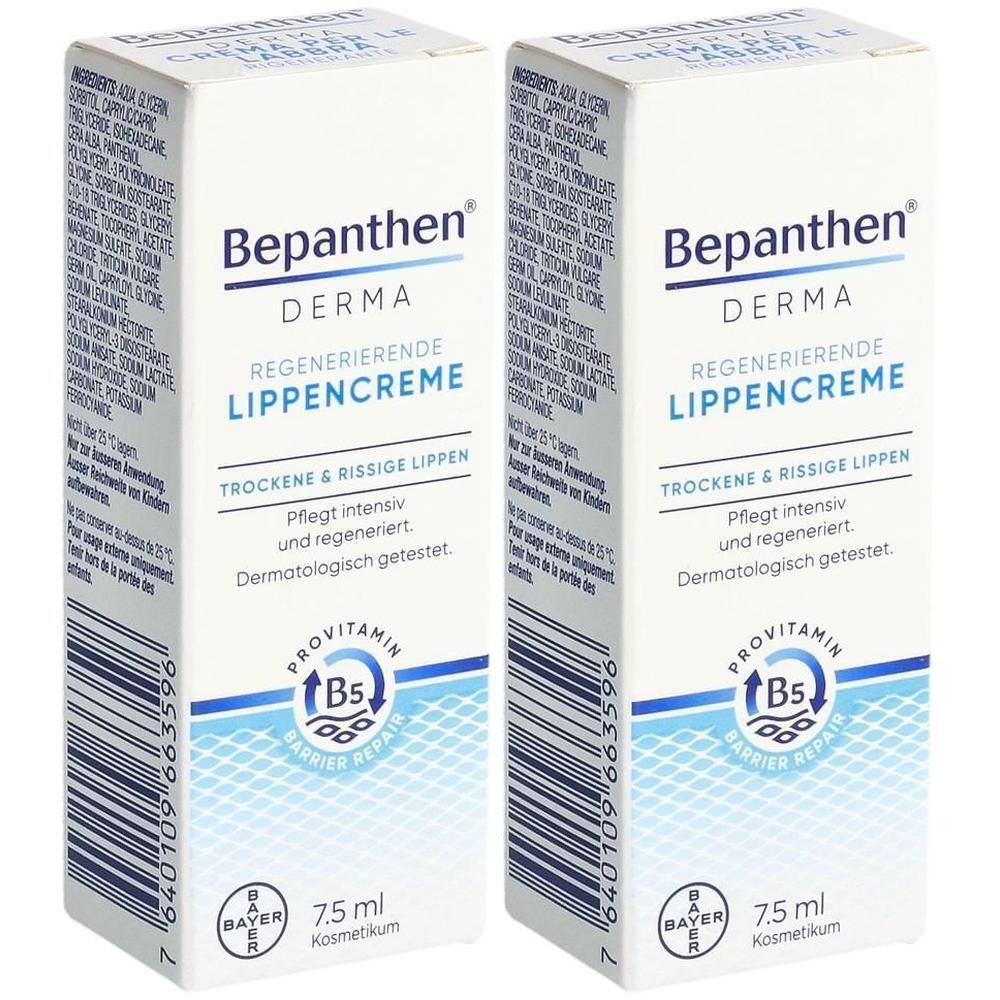 Deux boîtes de crème pour les lèvres. Inscription : Bepanthen Derma, crème régénérante pour les lèvres. Pour lèvres sèches et gercées. 7,5 ml.