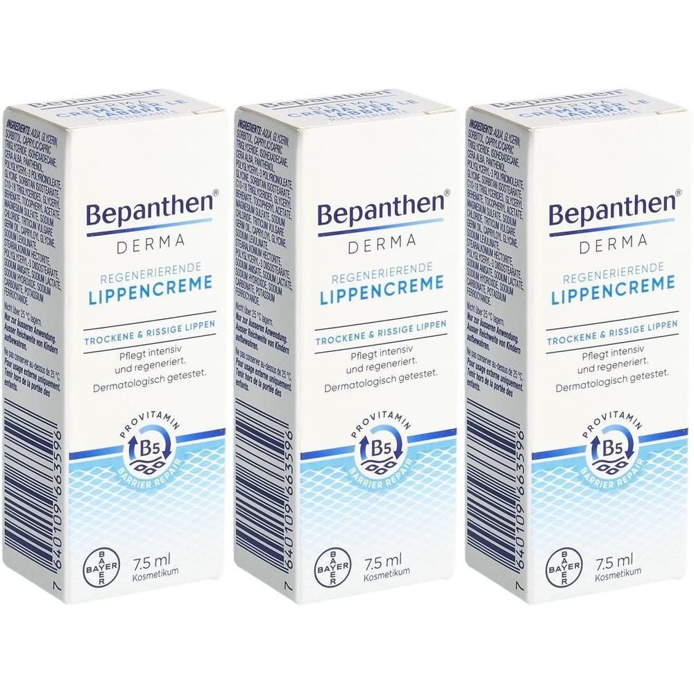 Trois boîtes de crème pour les lèvres Bepanthen Derma. Inscription : Crème régénérante pour les lèvres, 7,5 ml. Avec provitamine B5.