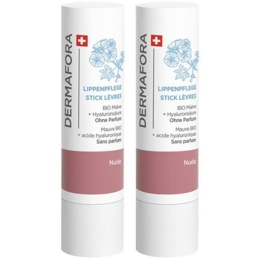 Deux sticks à lèvres. Bâton blanc avec base rose. Inscription: DERMAFORA, LIPPENPFLEGE, Nude. Croix suisse.