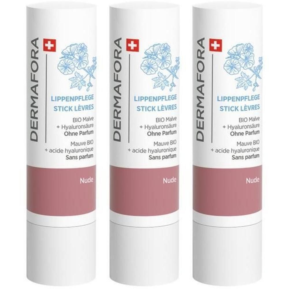 Trois sticks à lèvres DERMAFORA Nude. Emballage blanc et rose. Inscriptions: LIPPENPFLEGE, STICK LEVRES, BIO Malve, Sans parfum. Croix suisse.