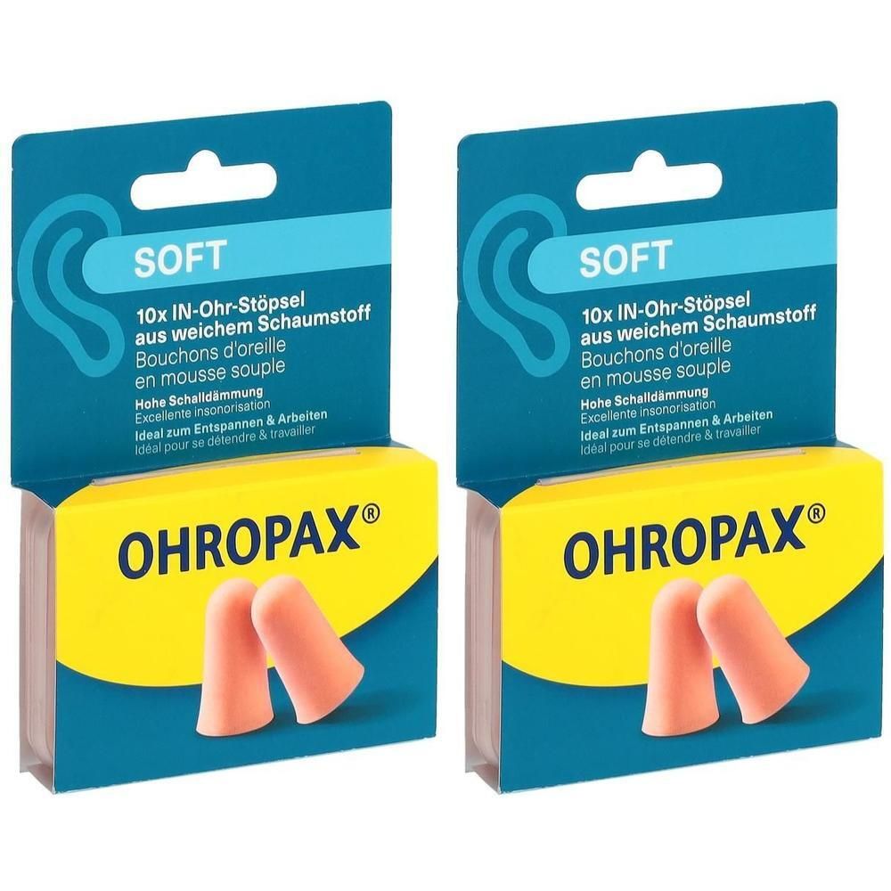 Deux emballages d'écouteurs. Emballage bleu et jaune avec texte. Bouchons d'oreille orange devant l'emballage. Marque OHROPAX.