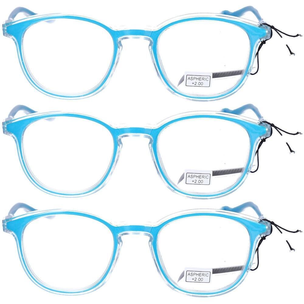 Trois paires de lunettes de lecture bleues avec verres asphériques (+2,00).