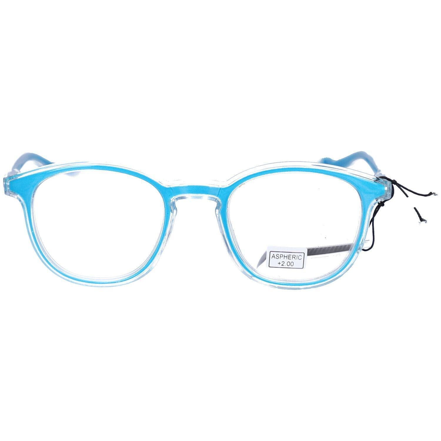 Lunettes de lecture bleues avec monture et branches transparentes. Verres asphériques +2,0.