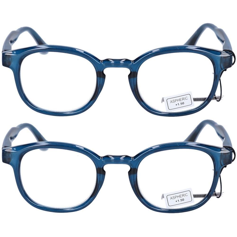 Deux paires de lunettes de lecture bleues avec verres asphériques (+1,50).