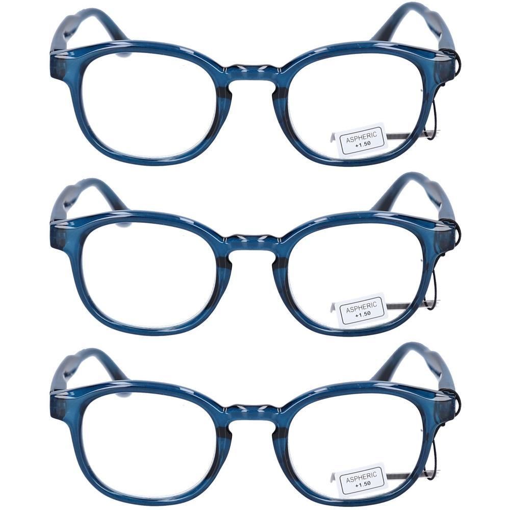 Trois paires de lunettes de lecture bleues avec verres asphériques +1,50.