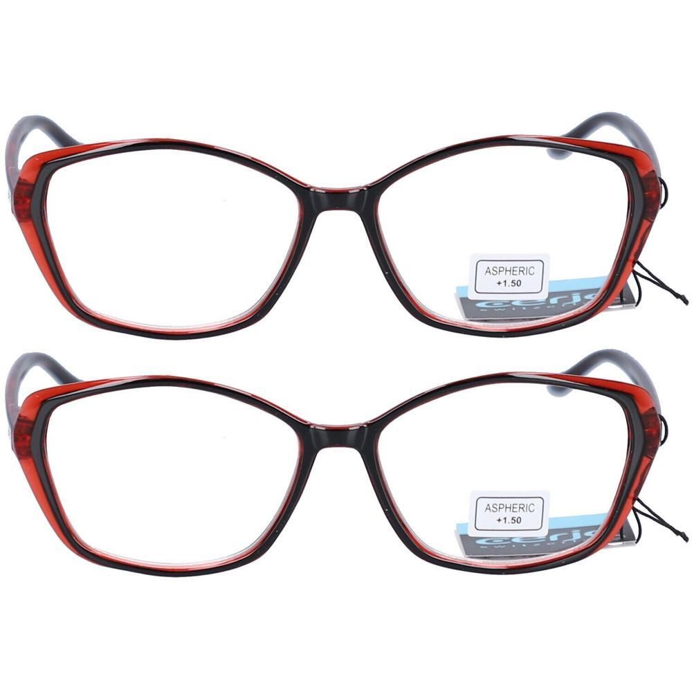 Deux paires de lunettes de lecture à monture rouge et noire, verres asphériques +1,50.