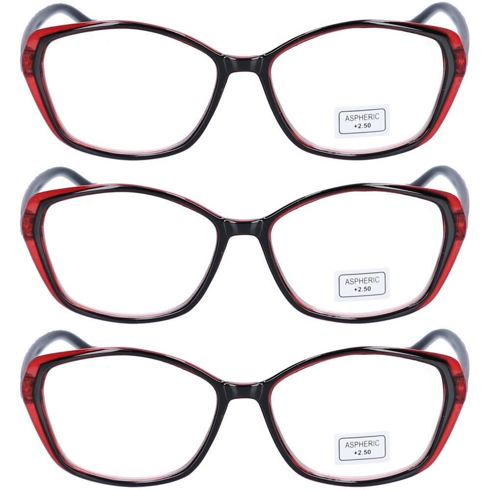 Drei Paar Lesebrillen mit schwarzen und roten Rahmen. Jede Brille hat asphärische Gläser mit +2,5 Dioptrien.