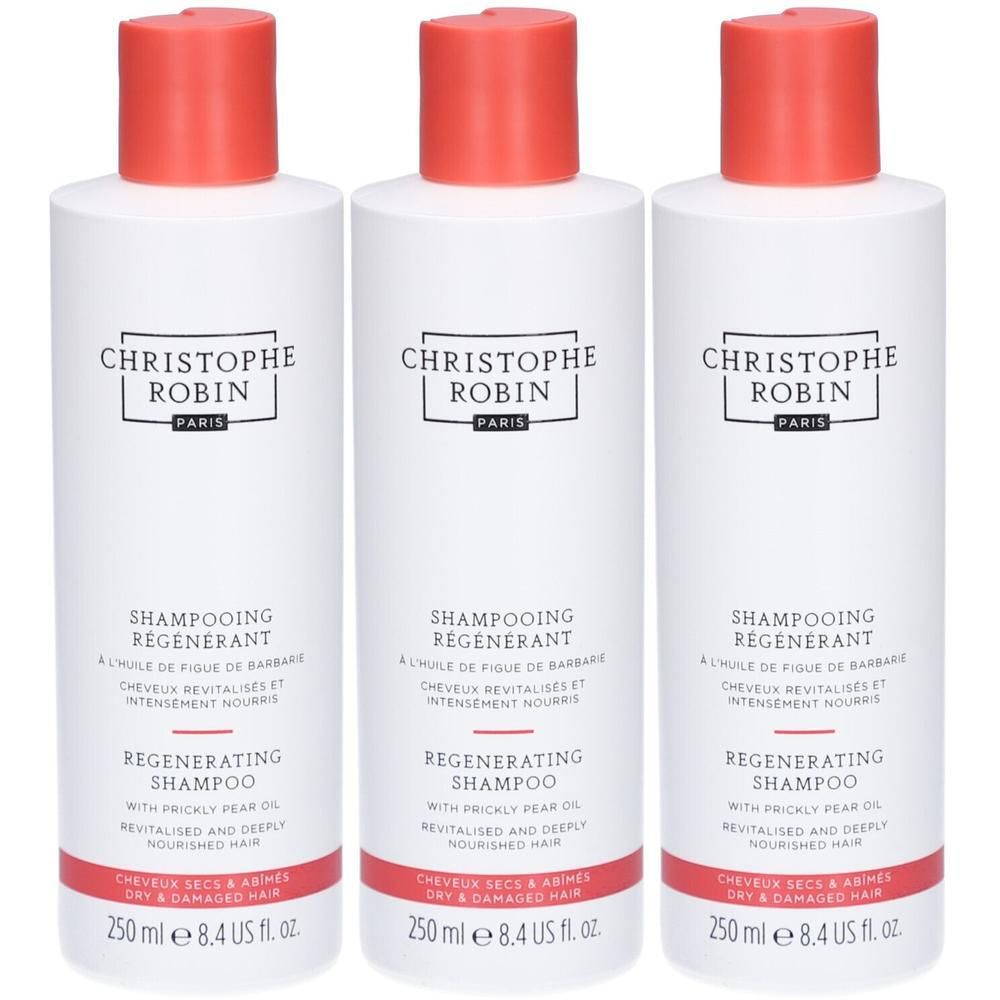 Drei Flaschen Shampoo. Weiß mit rotem Verschluss. Aufschrift: CHRISTOPHE ROBIN, SHAMPOOING REGENERANT, 250 ml.